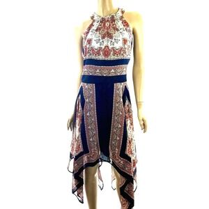 New York & Co Size 4 Halter Dress over Shorts Asymmetric Hem Blue Multicolor